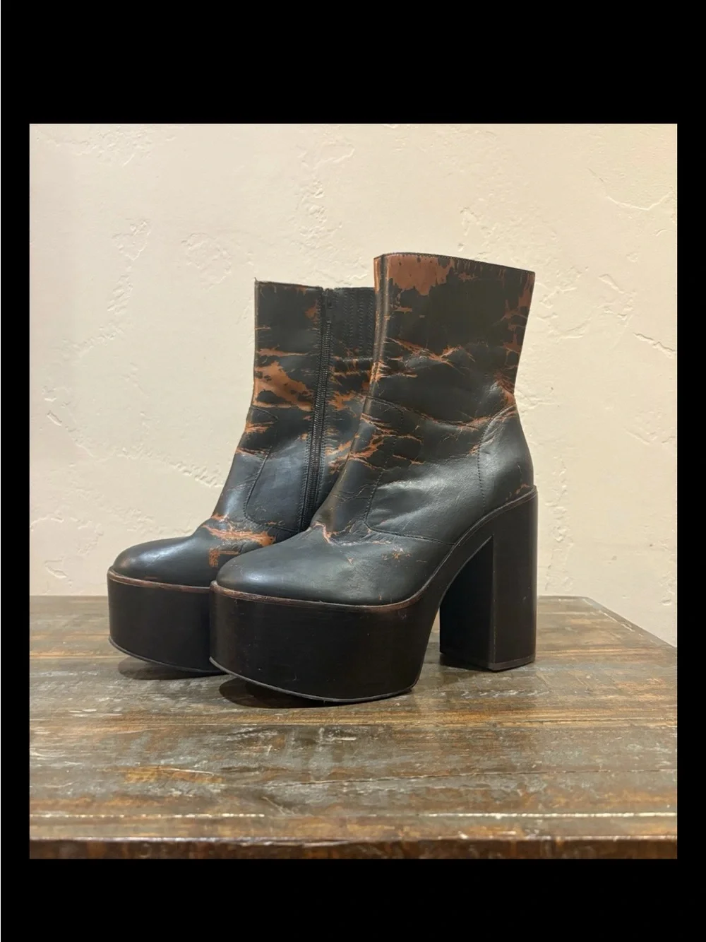 Jeffrey Campbell Black Platform Ankle Boots with Distressed Brown Highlights